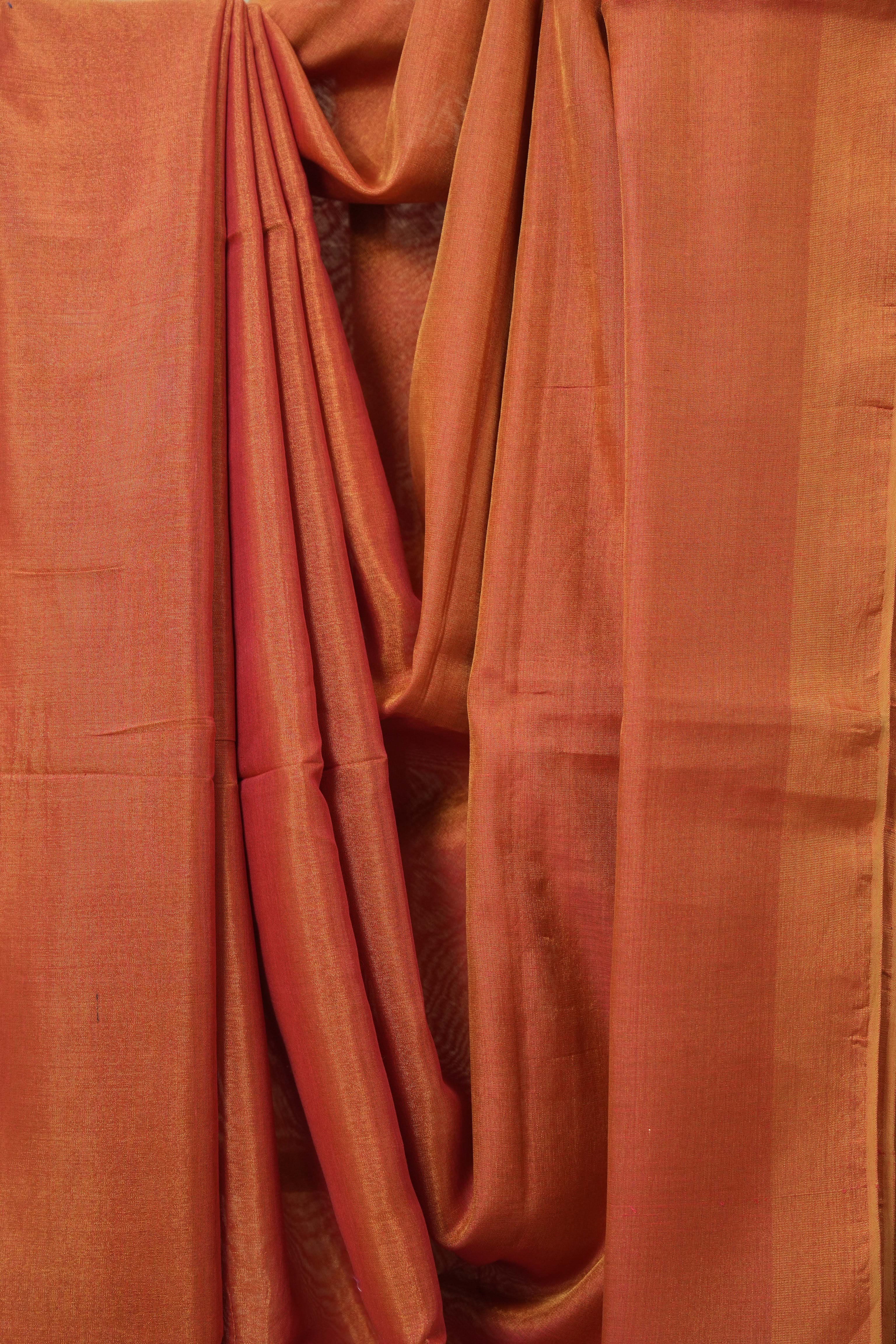 Two Tone Orange Plain Tissue Linen Saree With Tassels - SRTTOPTLS291