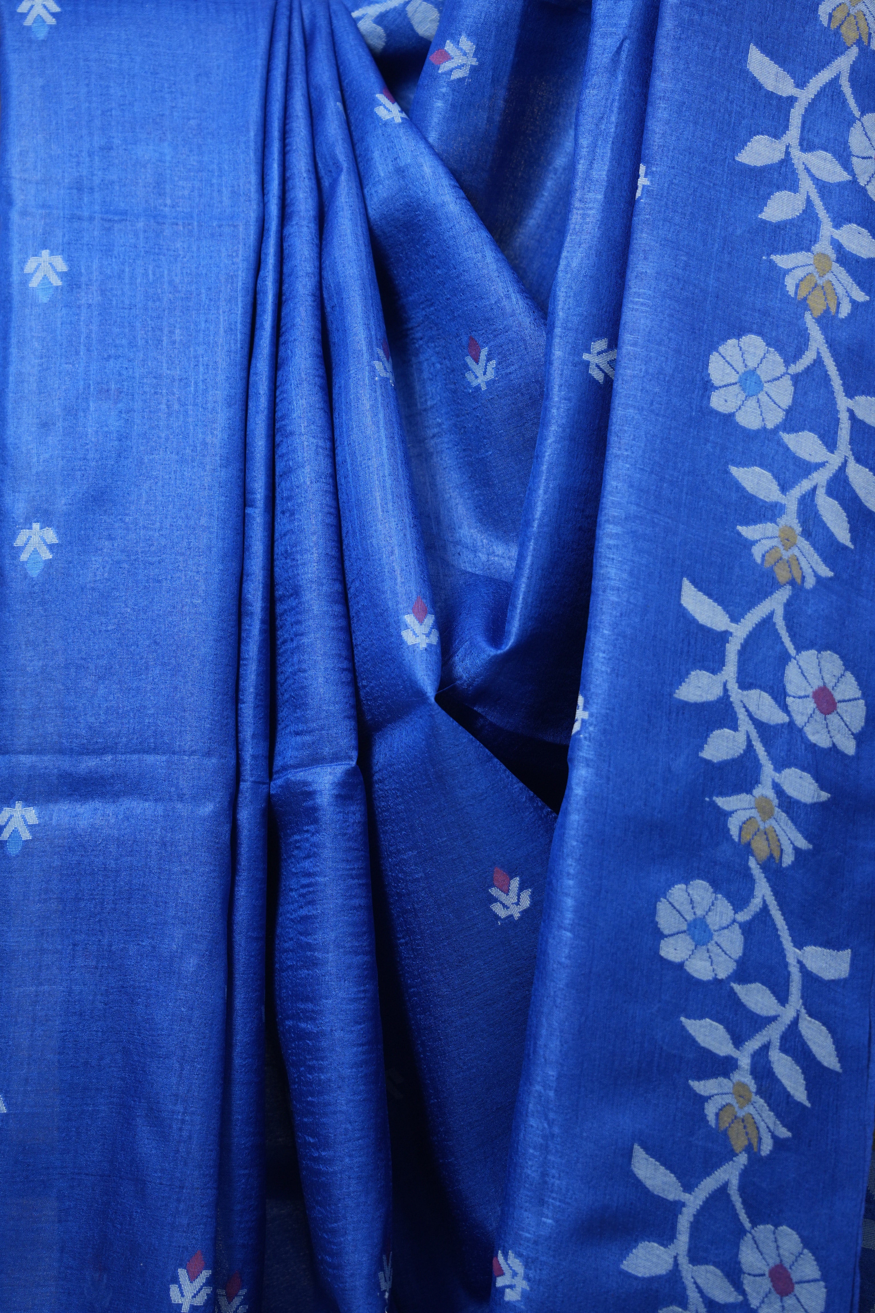 Royal Blue Jamdani Tussar Silk Saree - SRRBJTSS0031