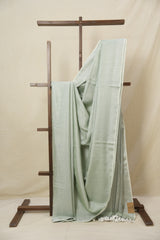 Mint Green Plain Tissue Linen Saree With Tassels - SRMGPTLS292