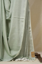 Mint Green Plain Tissue Linen Saree With Tassels - SRMGPTLS292