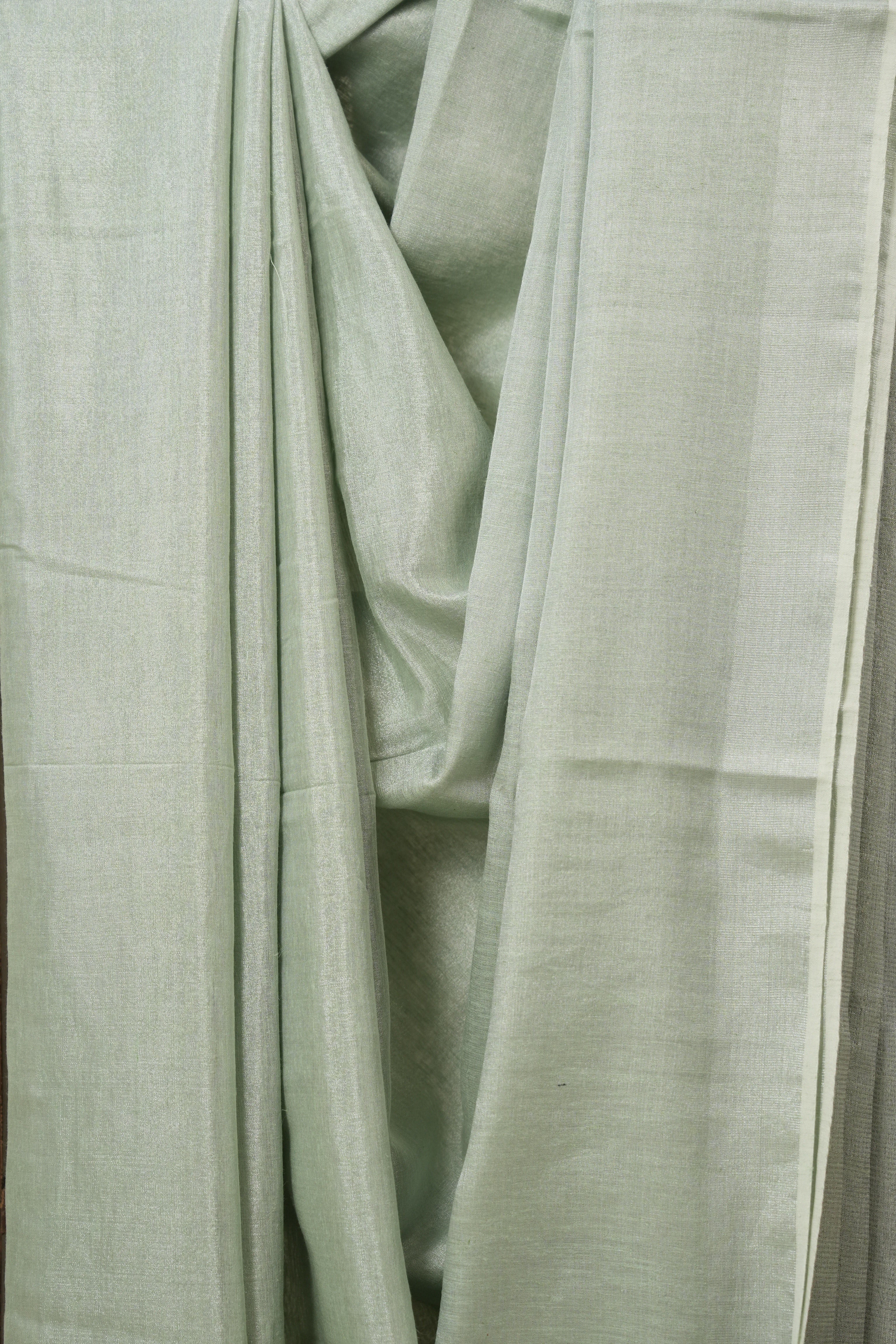 Mint Green Plain Tissue Linen Saree With Tassels - SRMGPTLS292