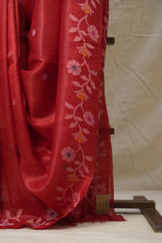 Red Jamdani Tussar Silk Saree - SRRJTSS0032