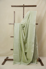 Pista Green Plain Tissue Linen Saree With Tassels - SRPGPTLS293