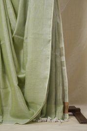 Pista Green Plain Tissue Linen Saree With Tassels - SRPGPTLS293