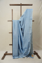 Sky Blue Tissue Linen Saree With Tassels - SRSBTLS276