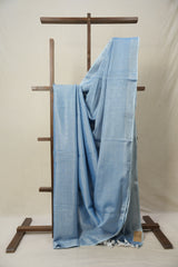 Sky Blue Tissue Linen Saree With Tassels - SRSBTLS276