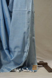 Sky Blue Tissue Linen Saree With Tassels - SRSBTLS276