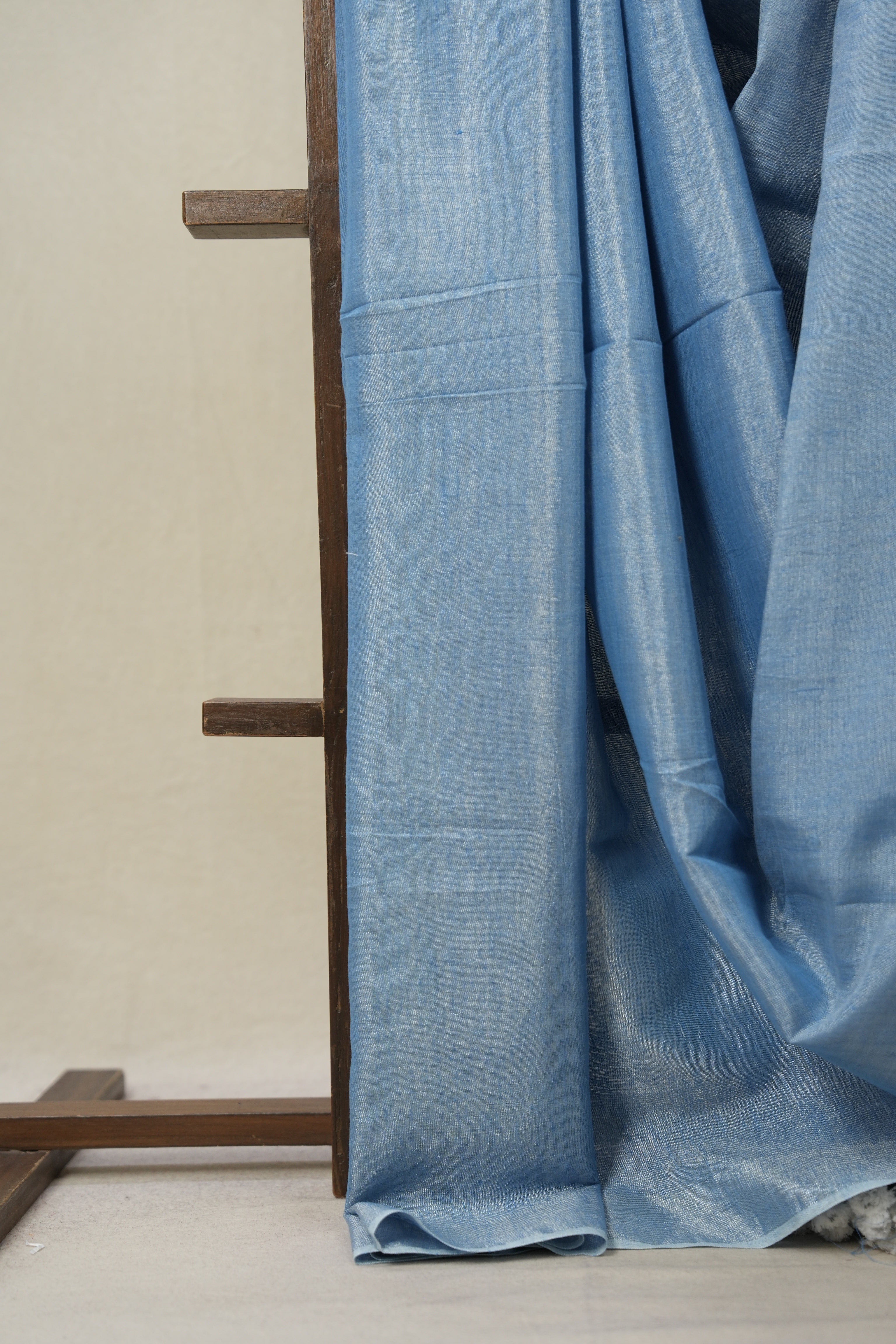 Sky Blue Tissue Linen Saree With Tassels - SRSBTLS276