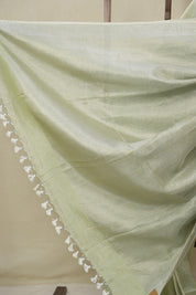 Pista Green Plain Tissue Linen Saree With Tassels - SRPGPTLS293