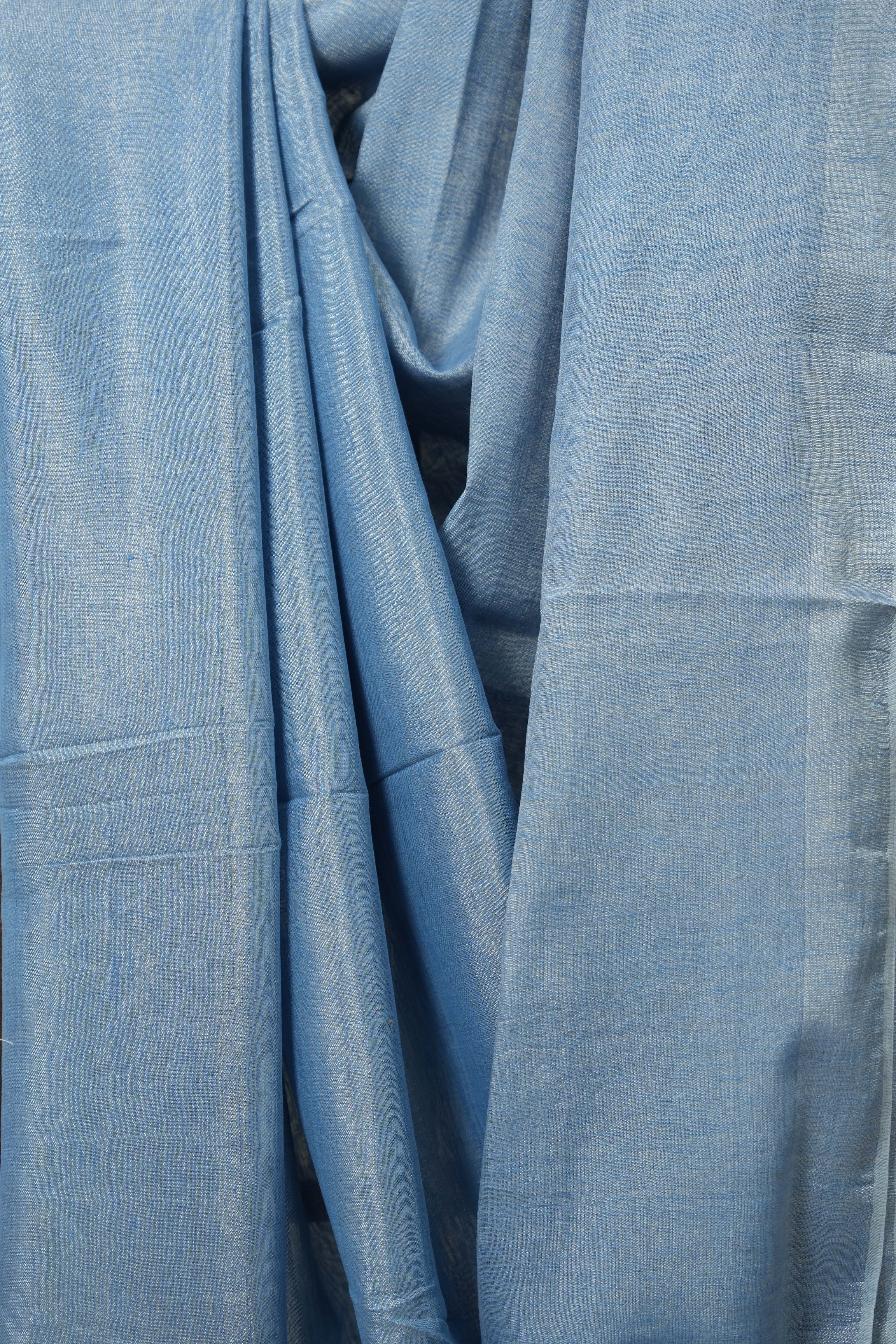 Sky Blue Tissue Linen Saree With Tassels - SRSBTLS276