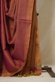 Pink Gold Plain Tissue Linen Saree With Tassels - SRPGPTLS294