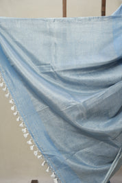 Sky Blue Tissue Linen Saree With Tassels - SRSBTLS276