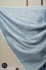 Sky Blue Tissue Linen Saree With Tassels - SRSBTLS276