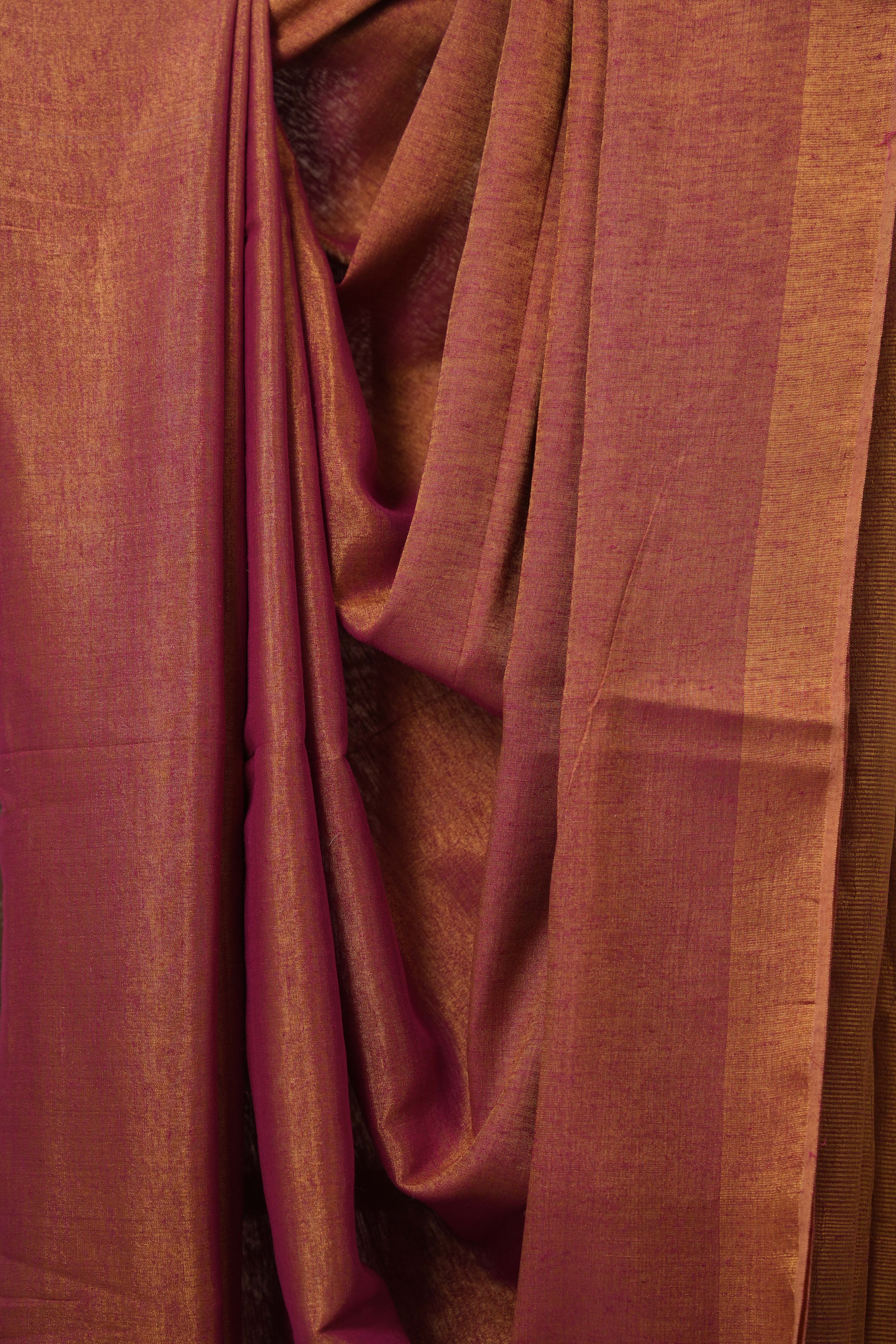 Pink Gold Plain Tissue Linen Saree With Tassels - SRPGPTLS294