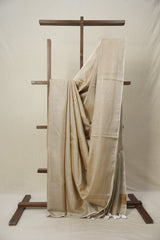 Metallic Beige Tissue Linen Saree With Tassels - SRMBTLS273
