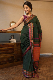 Dark Green Bengal Khadi Cotton Saree - SRDGBKCS167
