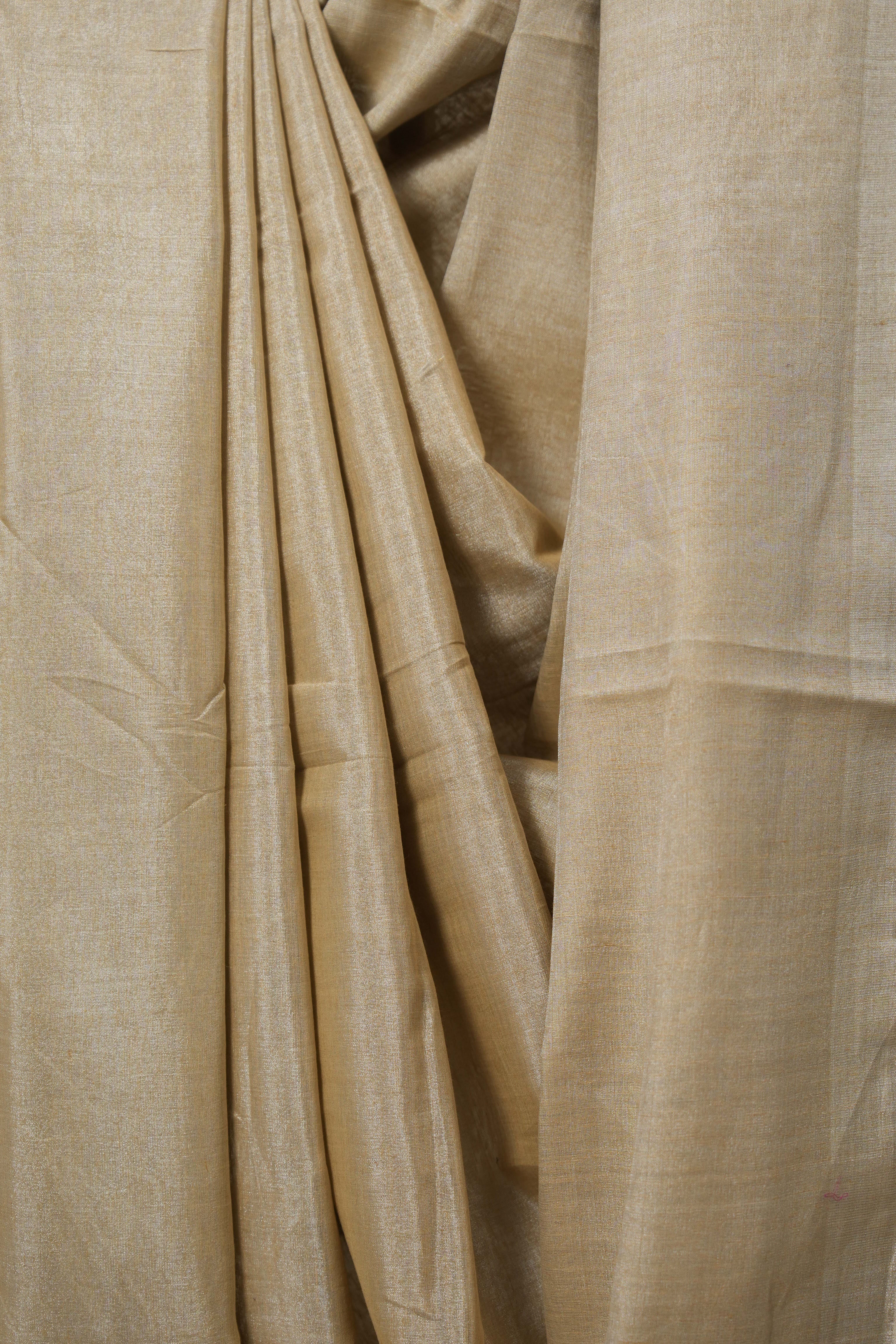 Metallic Beige Tissue Linen Saree With Tassels - SRMBTLS273