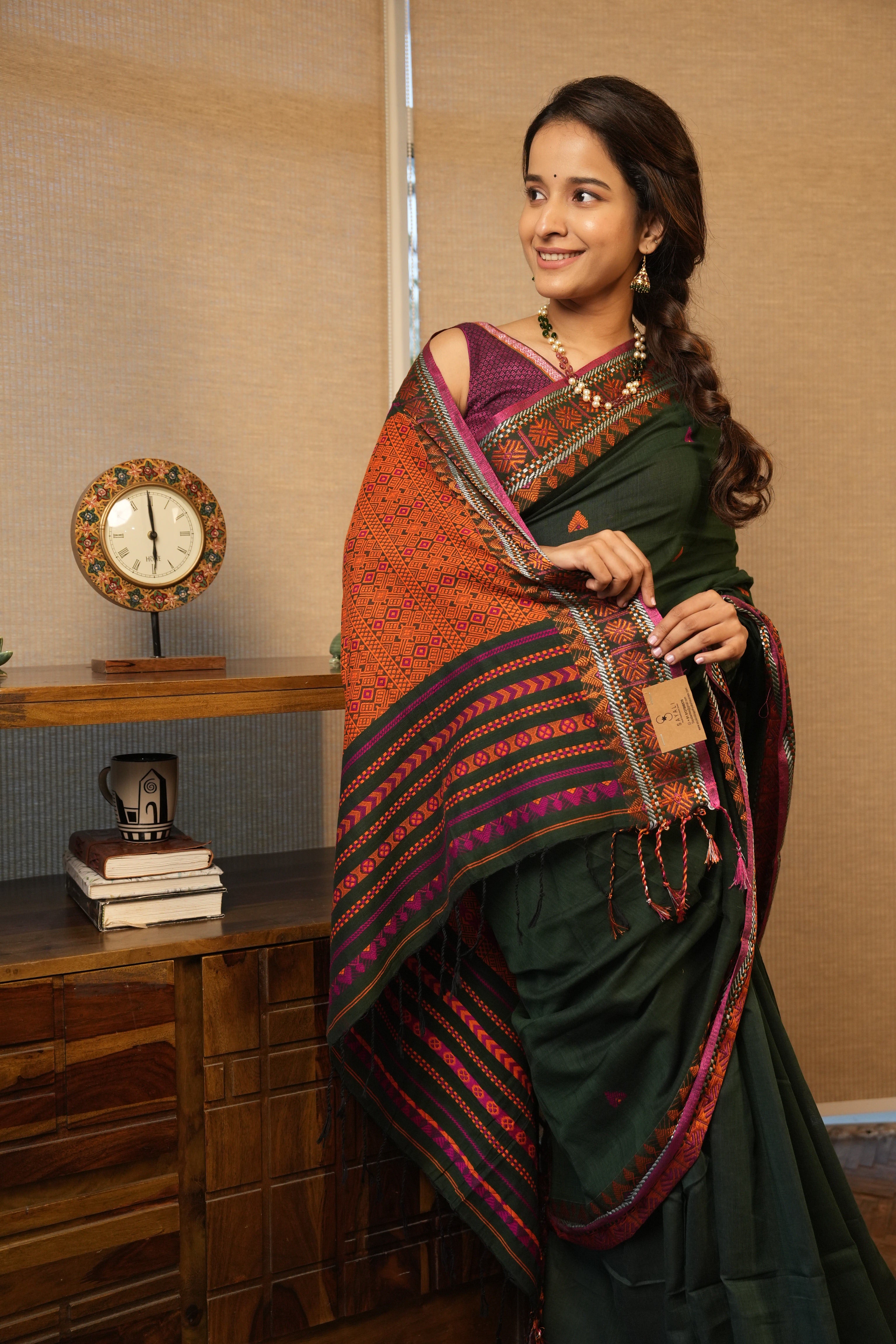 Dark Green Bengal Khadi Cotton Saree - SRDGBKCS167