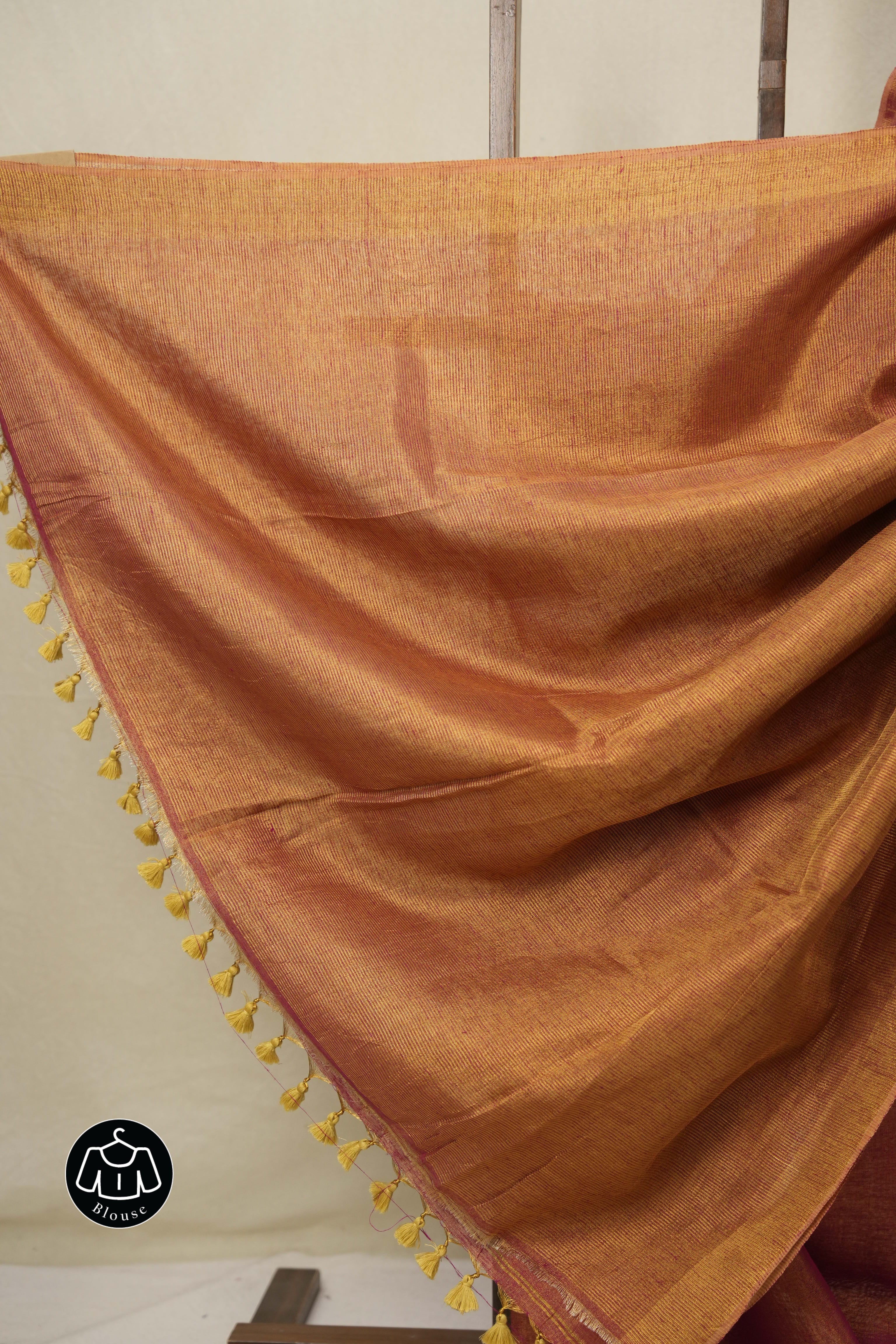 Pink Gold Plain Tissue Linen Saree With Tassels - SRPGPTLS294