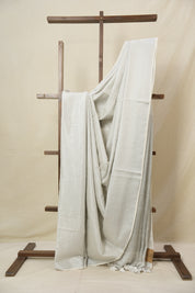 Metallic Silver Plain Tissue Linen Saree With Tassels - SRMSPTLS296