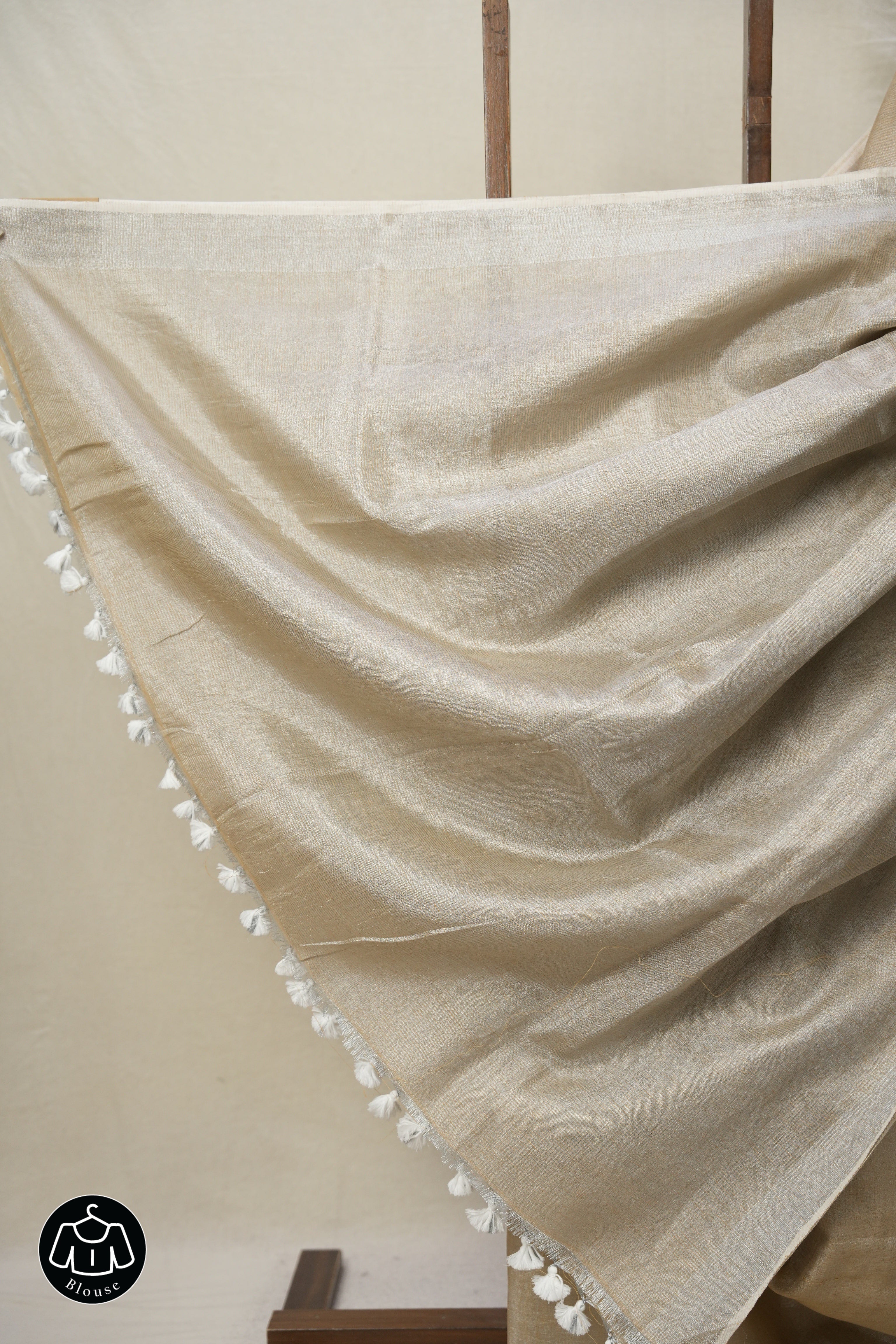 Metallic Beige Tissue Linen Saree With Tassels - SRMBTLS273