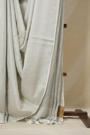 Metallic Silver Plain Tissue Linen Saree With Tassels - SRMSPTLS296