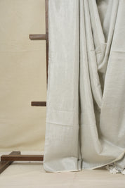 Metallic Silver Plain Tissue Linen Saree With Tassels - SRMSPTLS296
