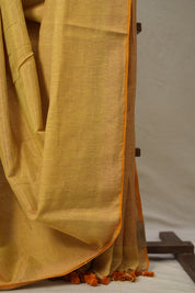 Golden Yellow Tissue Linen Saree With Tassels - SRGYTLS274