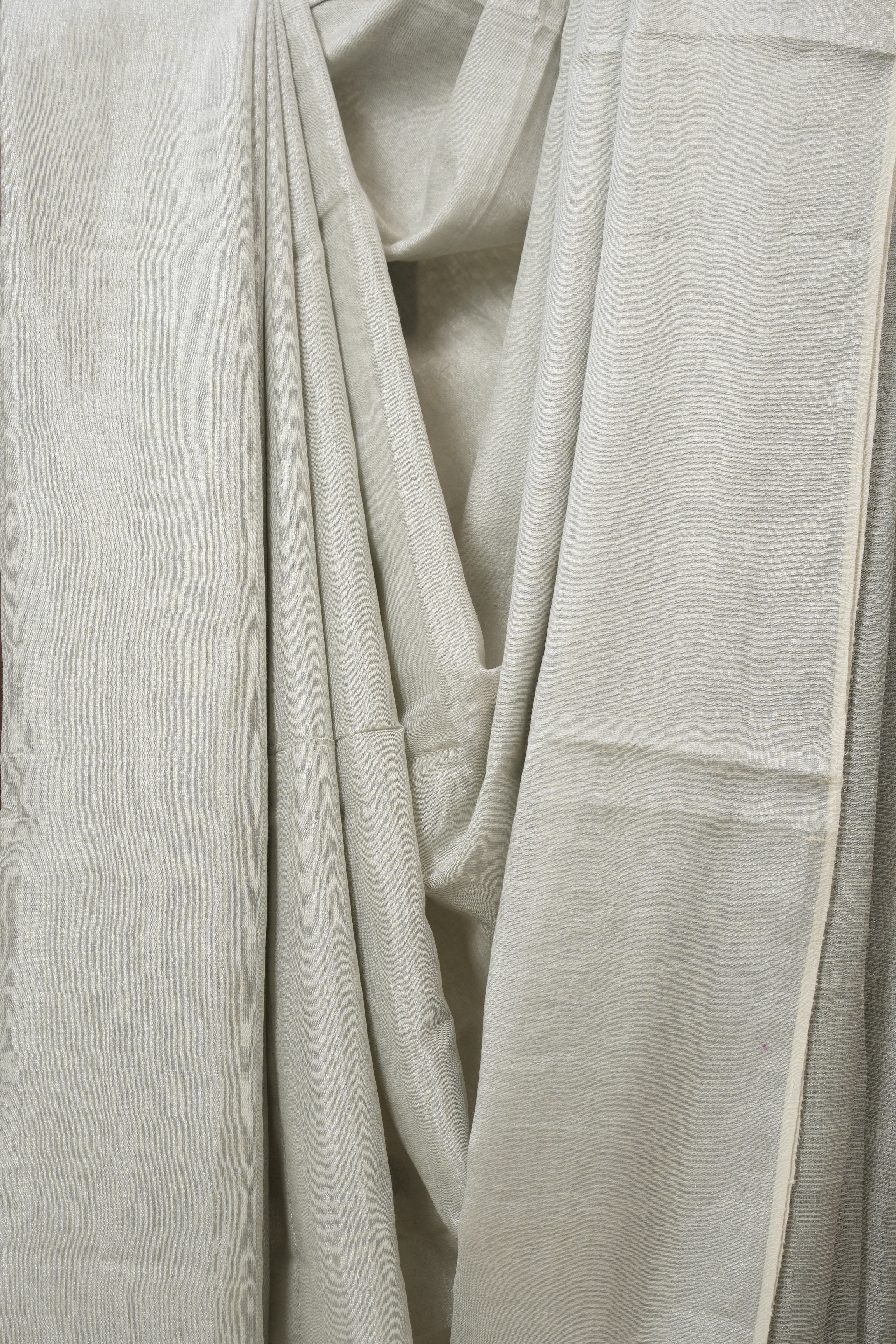 Metallic Silver Plain Tissue Linen Saree With Tassels - SRMSPTLS296
