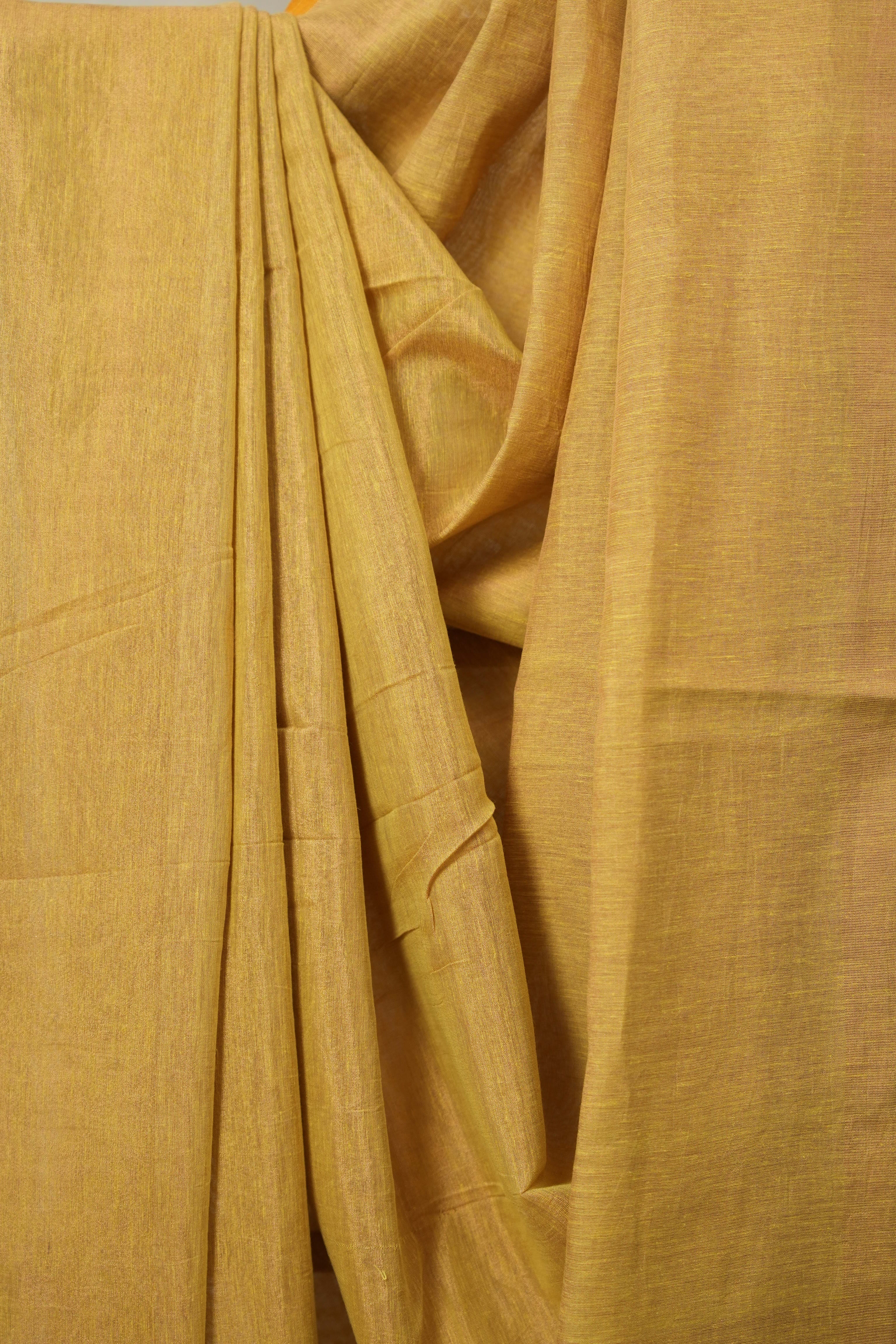 Golden Yellow Tissue Linen Saree With Tassels - SRGYTLS274