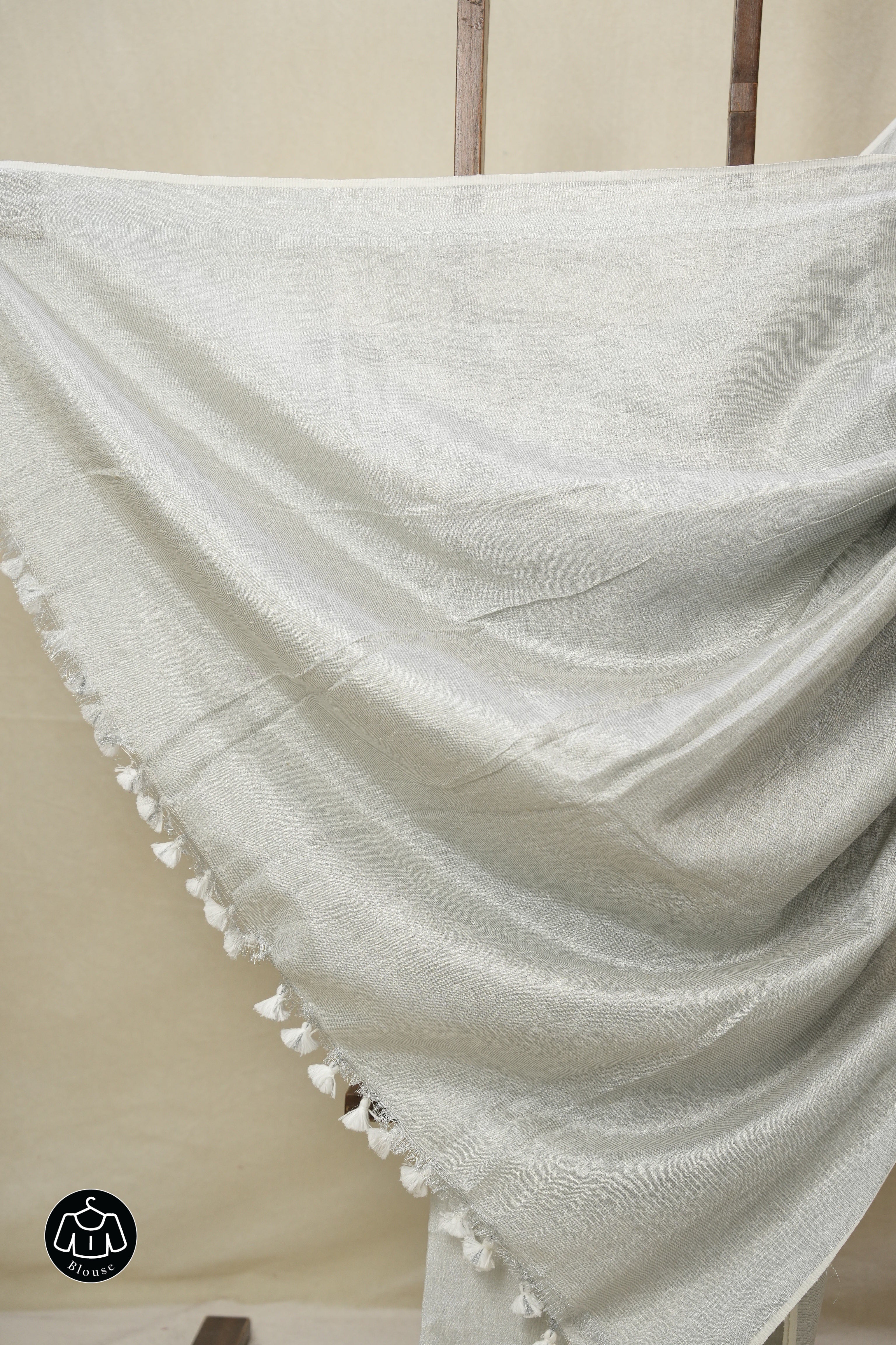 Metallic Silver Plain Tissue Linen Saree With Tassels - SRMSPTLS296