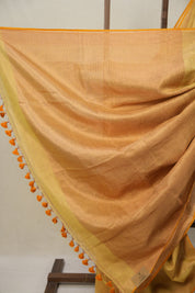 Golden Yellow Tissue Linen Saree With Tassels - SRGYTLS274