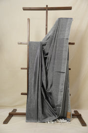 Charcoal Black Plain Tissue Linen Saree With Tassels - SRCBPTLS297