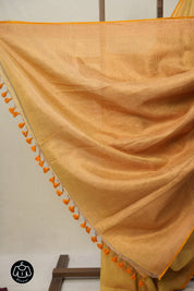 Golden Yellow Tissue Linen Saree With Tassels - SRGYTLS274