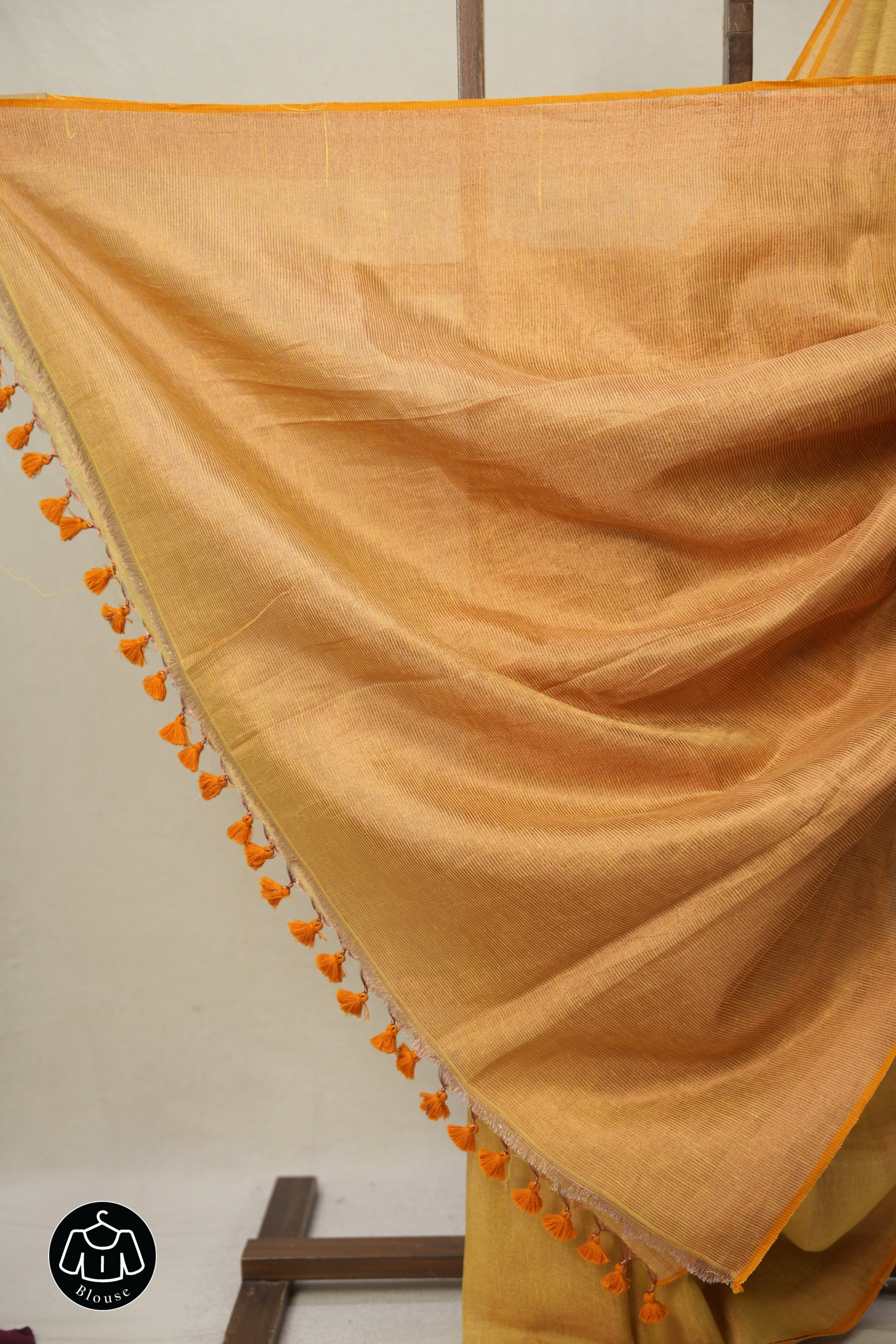 Golden Yellow Tissue Linen Saree With Tassels - SRGYTLS274