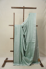 Mint Green Tissue Linen Saree With Tassels - SRMGTLS275