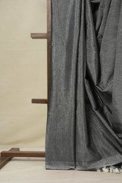 Charcoal Black Plain Tissue Linen Saree With Tassels - SRCBPTLS297