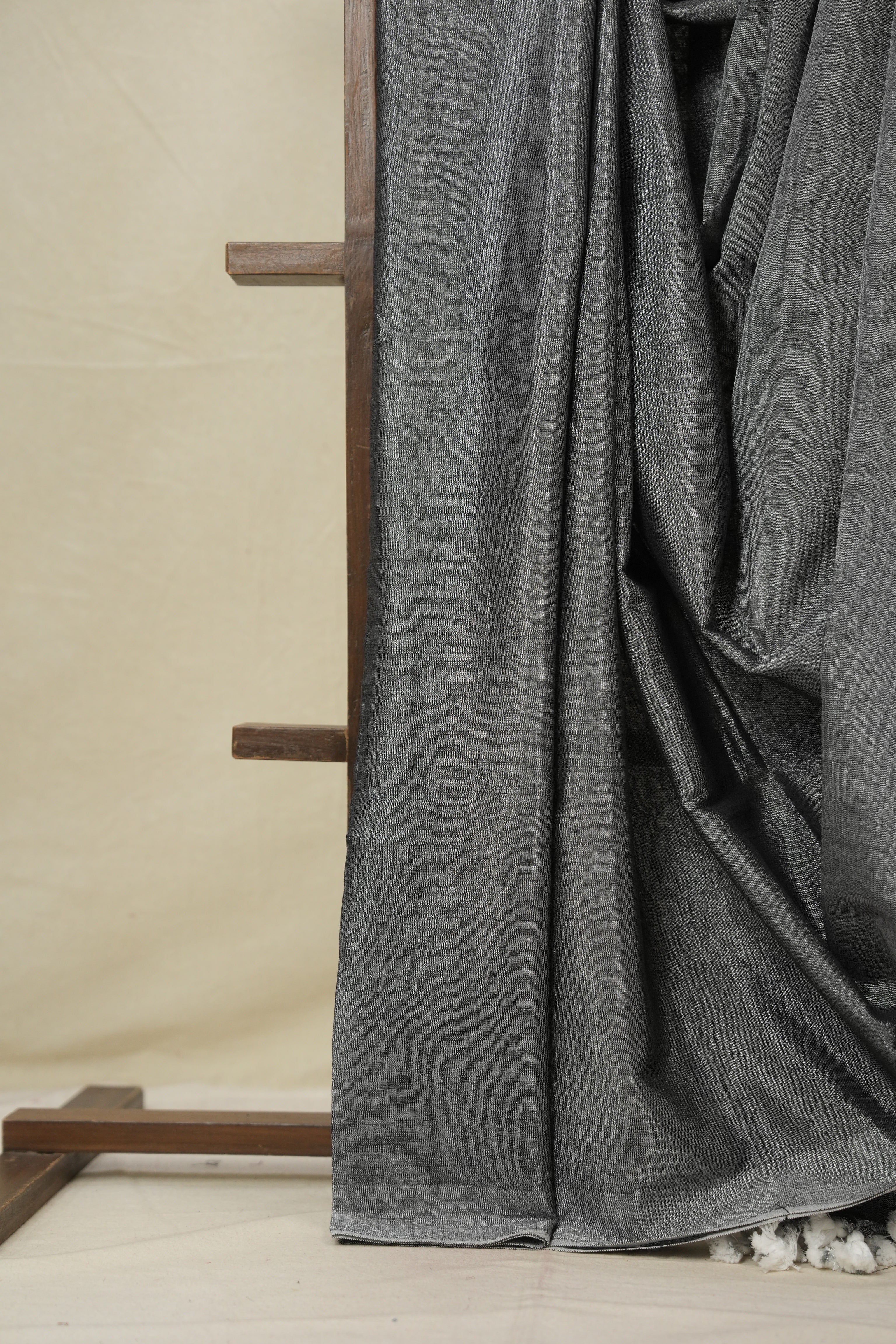 Charcoal Black Plain Tissue Linen Saree With Tassels - SRCBPTLS297