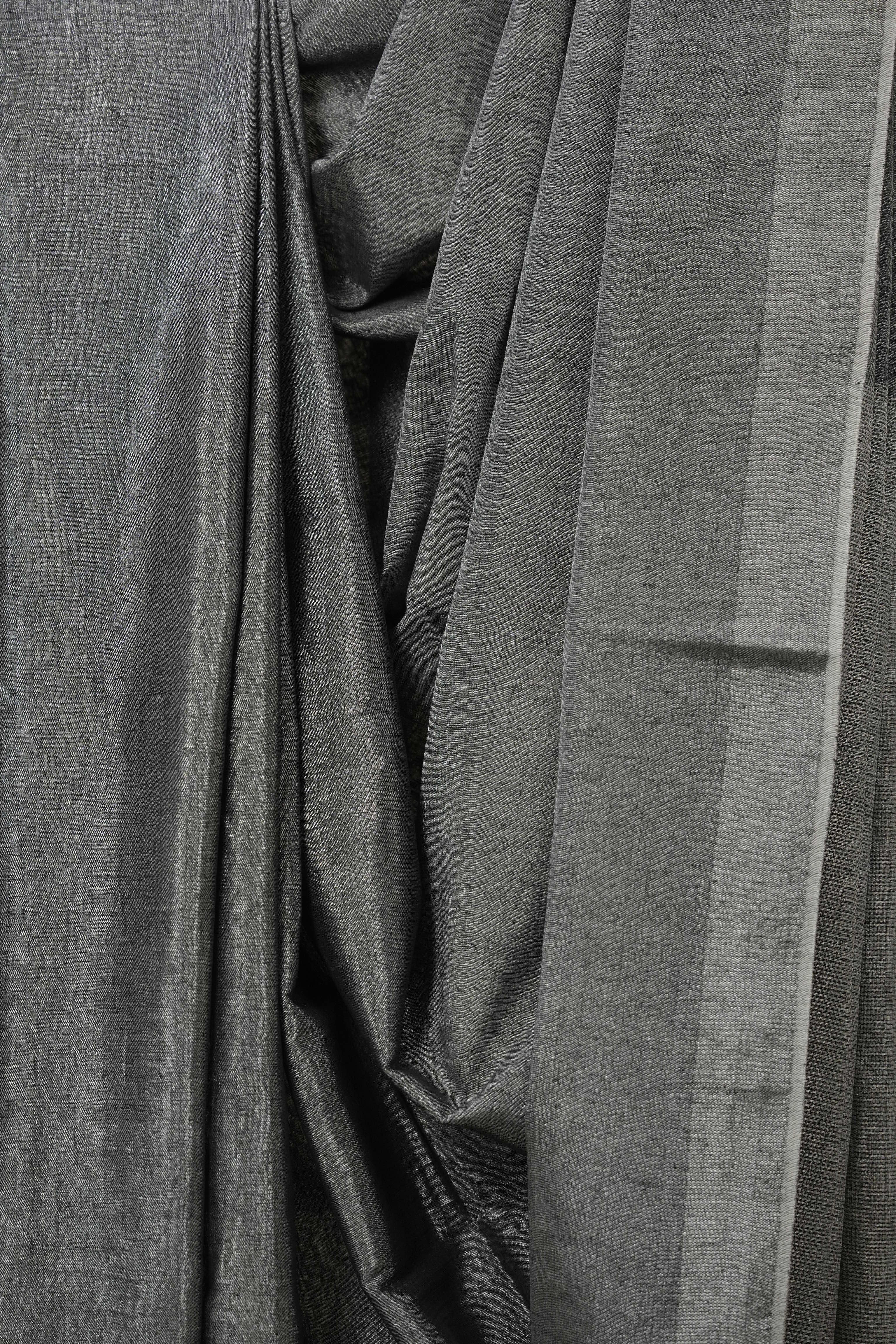 Charcoal Black Plain Tissue Linen Saree With Tassels - SRCBPTLS297