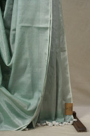 Mint Green Tissue Linen Saree With Tassels - SRMGTLS275