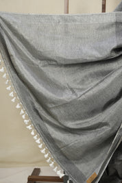 Charcoal Black Plain Tissue Linen Saree With Tassels - SRCBPTLS297