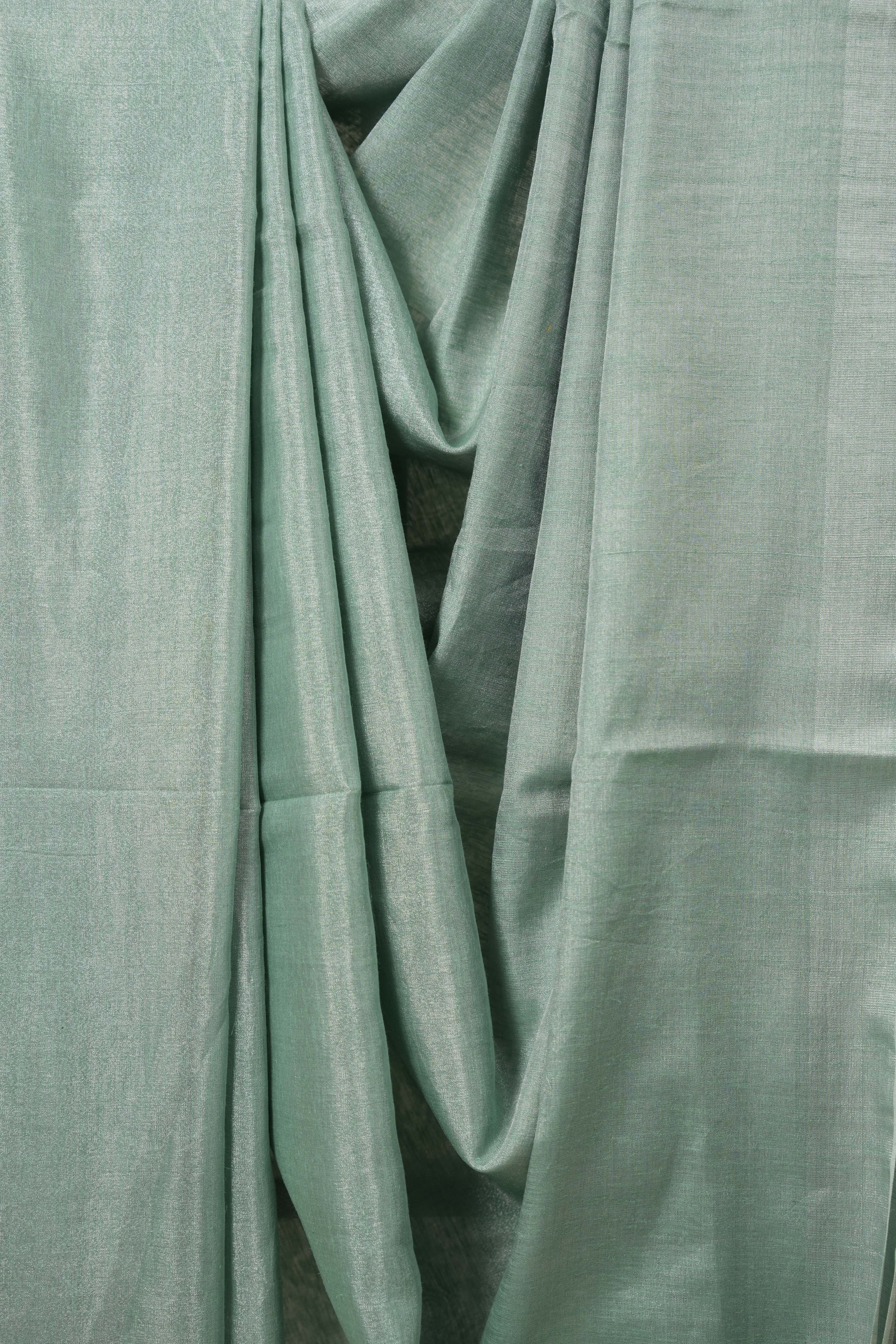 Mint Green Tissue Linen Saree With Tassels - SRMGTLS275