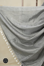 Charcoal Black Plain Tissue Linen Saree With Tassels - SRCBPTLS297