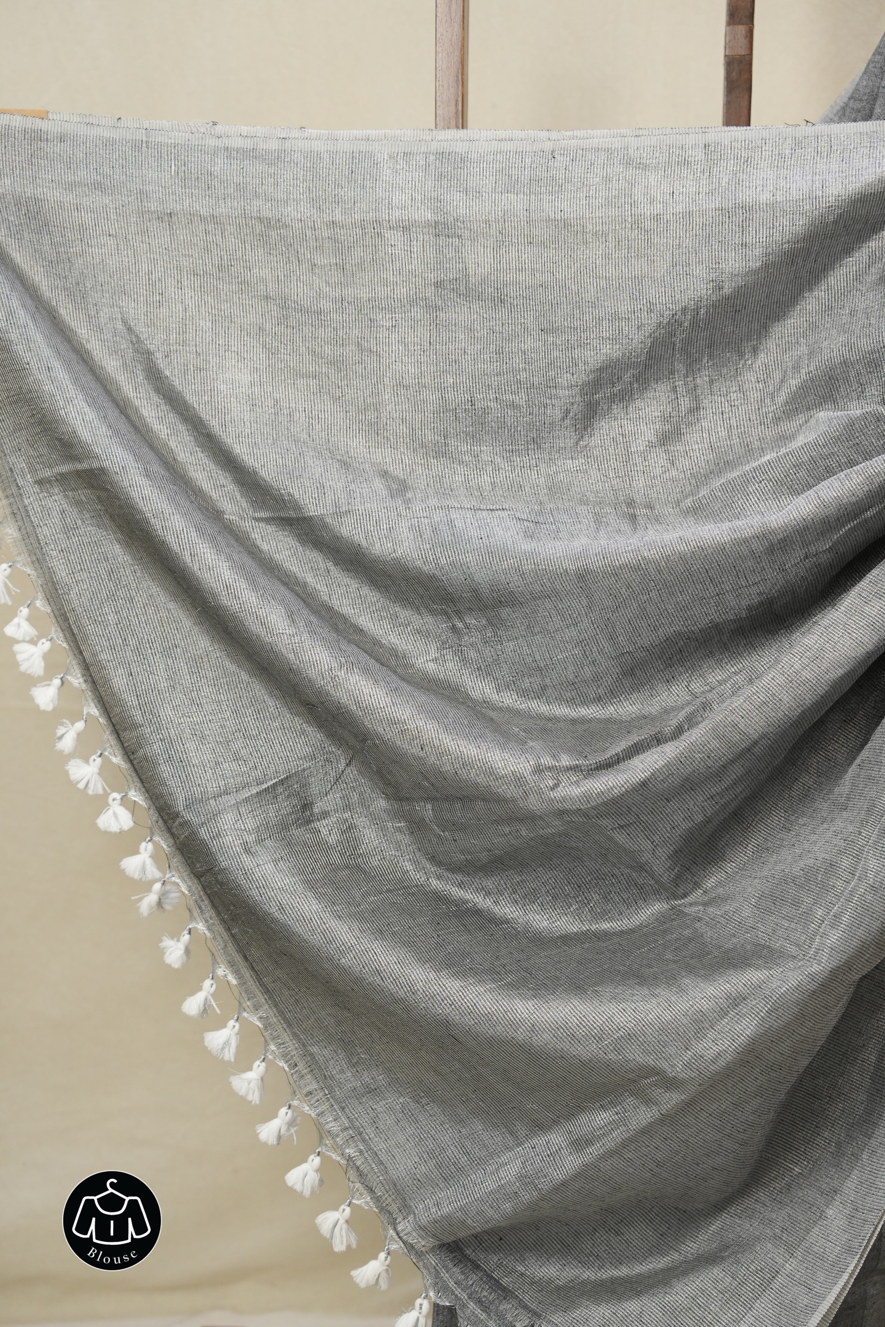Charcoal Black Plain Tissue Linen Saree With Tassels - SRCBPTLS297