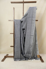 Metallic Blue Plain Tissue Linen Saree With Tassels - SRMBPTLS295