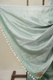 Mint Green Tissue Linen Saree With Tassels - SRMGTLS275