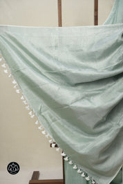 Mint Green Tissue Linen Saree With Tassels - SRMGTLS275