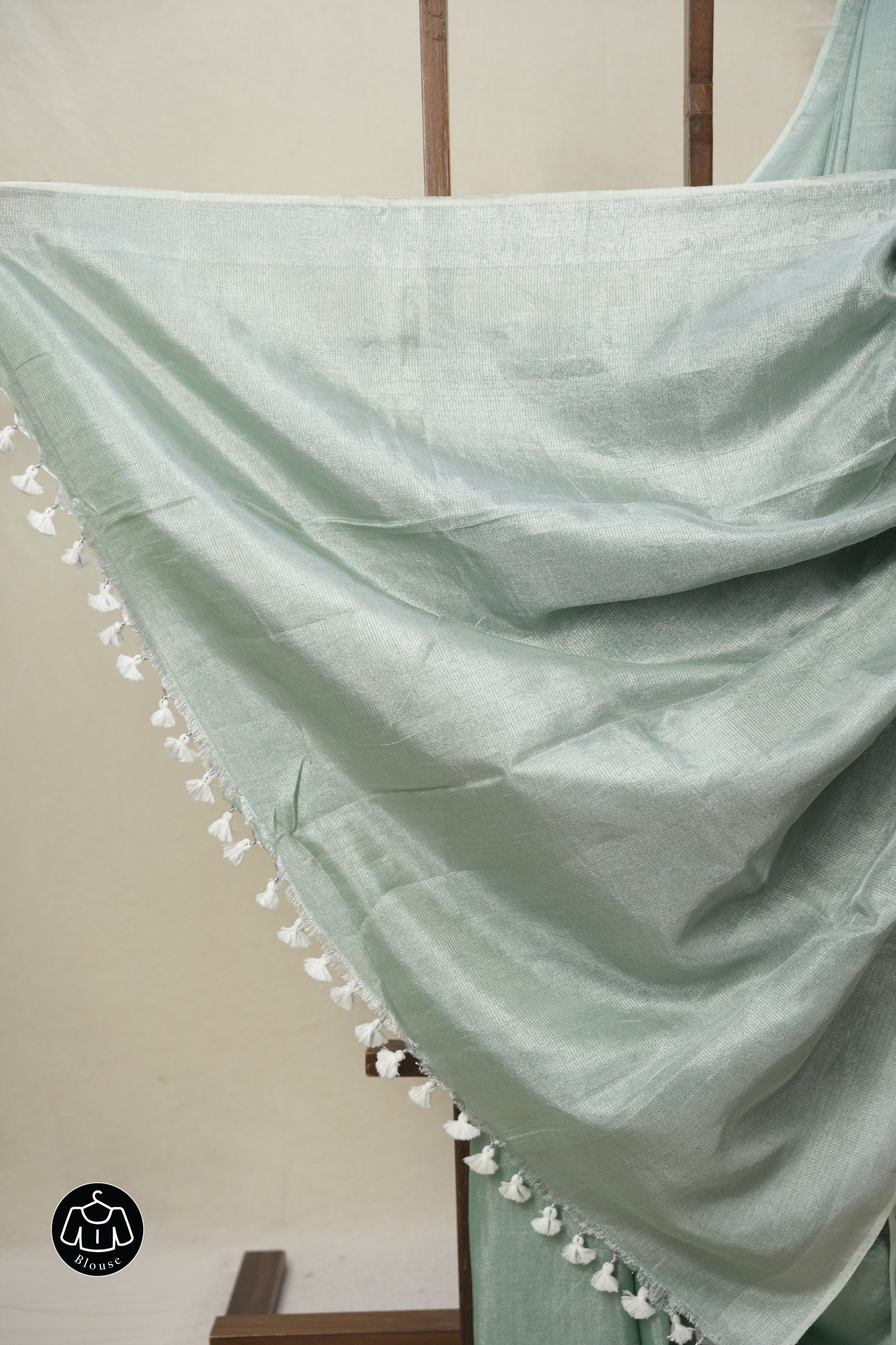 Mint Green Tissue Linen Saree With Tassels - SRMGTLS275