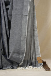 Metallic Blue Plain Tissue Linen Saree With Tassels - SRMBPTLS295