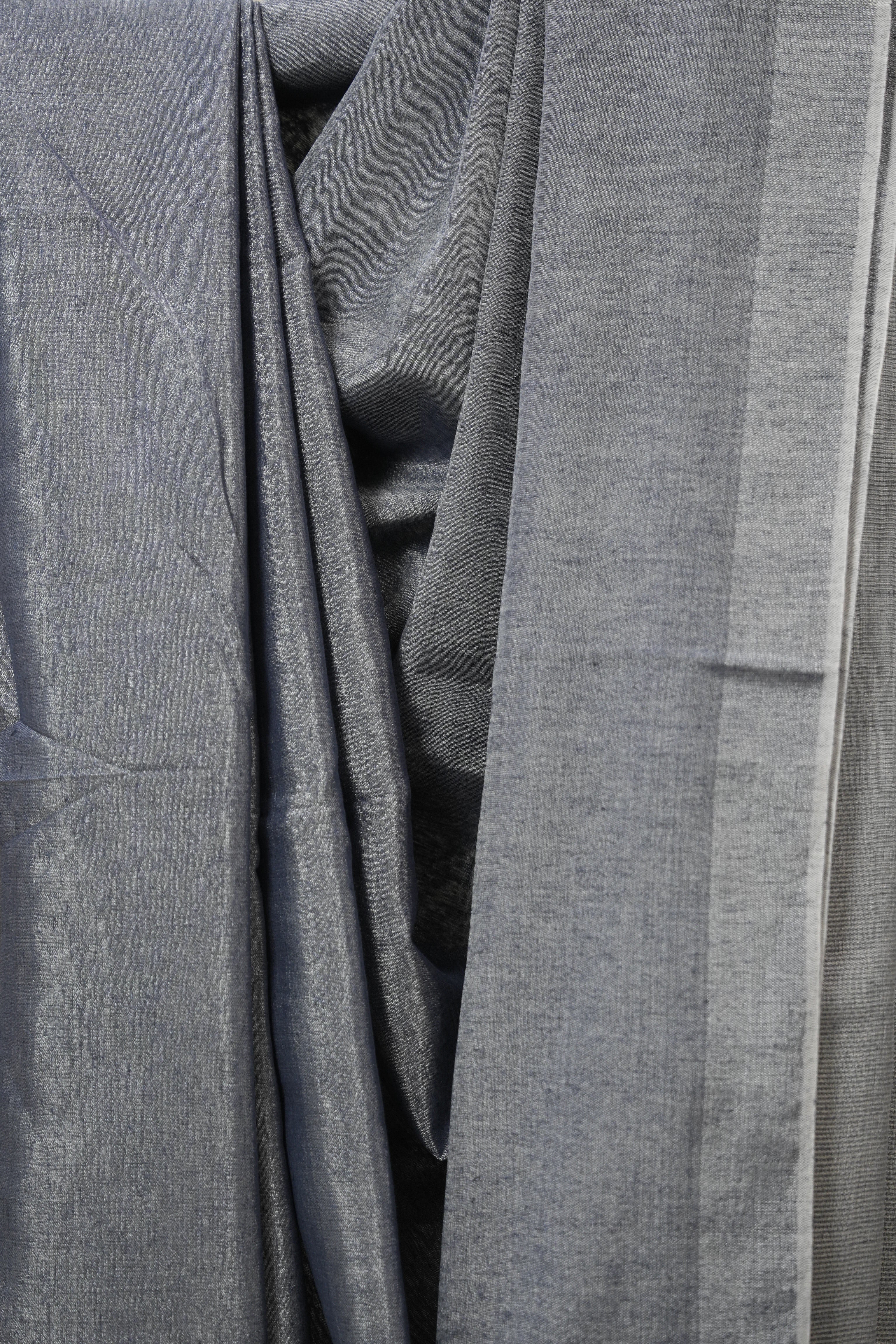 Metallic Blue Plain Tissue Linen Saree With Tassels - SRMBPTLS295